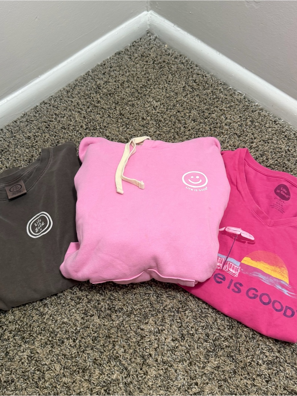 Life Is Good Bundle: Pink Pullover Hoodie with Smiley Logo and 2 Shirts